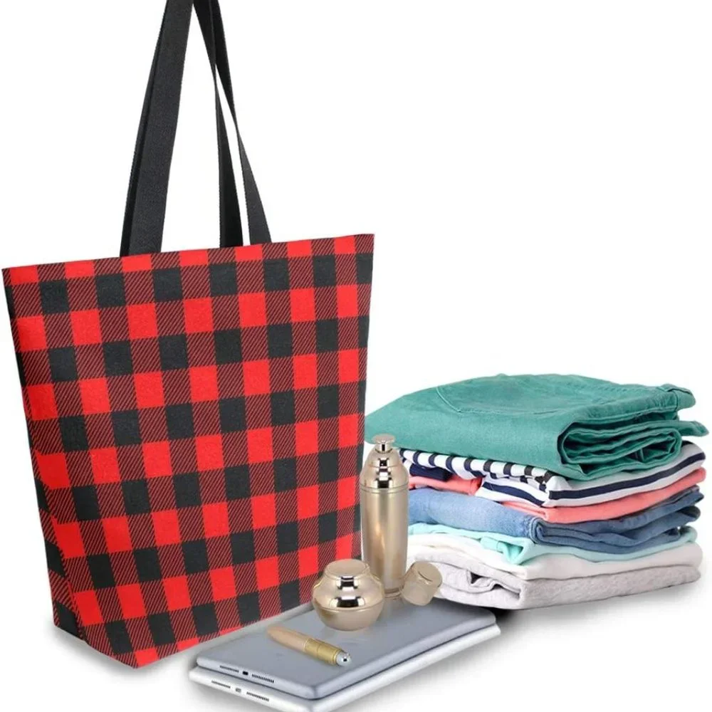 NWT Buffalo White Flannel Leather Plaid Tote Shoulder Travel Shopping Bag Black